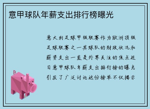 意甲球队年薪支出排行榜曝光