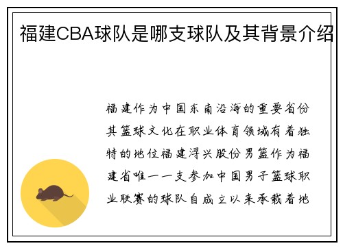 福建CBA球队是哪支球队及其背景介绍