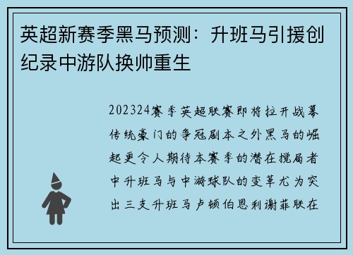 英超新赛季黑马预测：升班马引援创纪录中游队换帅重生