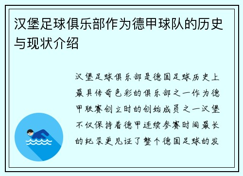 汉堡足球俱乐部作为德甲球队的历史与现状介绍